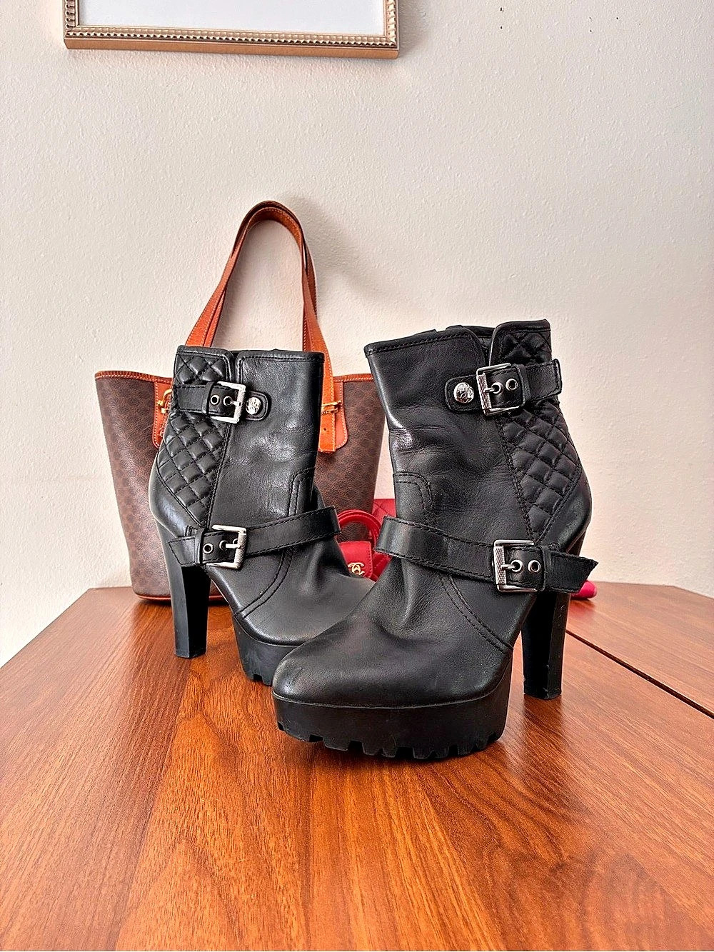 Guess Buckle Platform Heeled Boots Black US 7